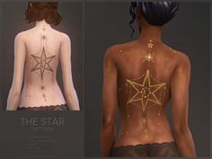 the back of a woman's body with gold stars on it