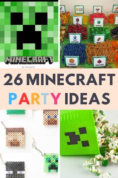 minecraft party ideas with the words, 26 minecraft party ideas and pictures on them