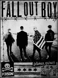 an advertisement for the fall out boy album, with three people walking in front of barbed wire