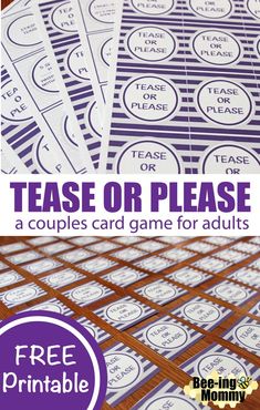 printable tea or please game for adults with purple and white labels on the front