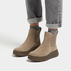 An elevated take on an icon. We've brought a closet staple bang up to date – setting a classic Chelsea boot upper on a superchunky, yet lightweight, sole. Clean. Contemporary. Crafted in soft rich suede, with minimal seaming, and simple lines that complement almost any outfit. Thick stretch panels on both sides (here in a soft textured elastic) and pull tabs ensure easy on/off. Featuring a new flatform-version of our Microwobbleboard™ midsole to deliver unbeatable comfort, non-stop cushioning, and a little extra height. Cool Britannia with a modern edge. Scotchgard™ protected. Fitting note: Please be aware that these boots have an 'average to slim' width fit, so may feel narrower than other styles on our Microwobbleboard midsole. Winter Suede Ankle-high Chelsea Boots, Fall High-top Suede Chelsea Boots, Casual Suede High Ankle Chelsea Boots, Casual High Ankle Suede Chelsea Boots, Suede Chelsea Boots With Lug Sole, Suede Platform Boots Medium Width For Fall, Casual Suede Boots With Lug Sole, Casual Suede Platform Boots With Round Toe, Fall Suede Platform Boots Medium Width