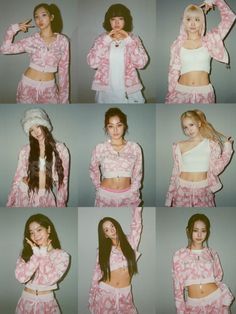 multiple pictures of a woman in pink pajamas and white top with her hair pulled back