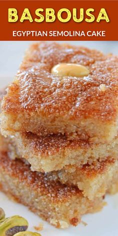 Stack of moist looking square cake with nuts on top with Pinterest overlay. Basbousa Arabic Sweets, Easy Basbousa Recipe, Basboosa Recipe, Egyptian Dessert Recipes, Semolina Recipes, Cake With Yogurt, Egyptian Desserts