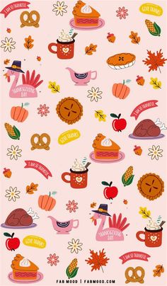 a pink background with autumn themed items and words on the bottom right hand corner is an illustration of pumpkins, apples, pies, leaves, flowers, coffee mugs, and more