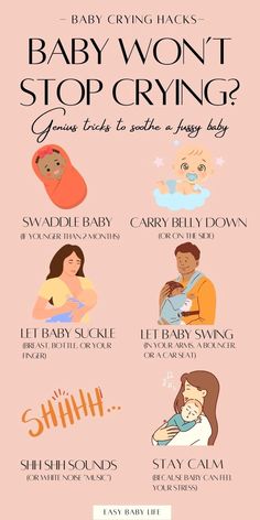 Wondering how to get your baby to stop crying? Try these baby crying hacks right now, and thank me later! :-) These baby tips and mom hacks are perfect for first-time parents to help baby stop screaming. If your newborn baby is crying, has tummy pain or even colic, these are ways to calm your infant. Soothe older babies and over-tired infants, too. Must-know baby care tips, baby help, baby basics, newborn baby tips, baby advice, new mom tips.