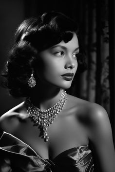 a black and white photo of a woman in a dress with jewelry on her neck