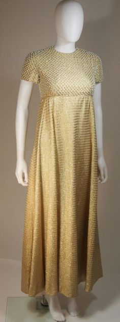 GEOFFREY BEENE 1960's Gold Lame Pearl Bodice Baby Doll Gown Size 2-4 4