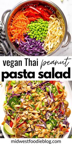 vegan thai peanut pasta salad with peas and carrots