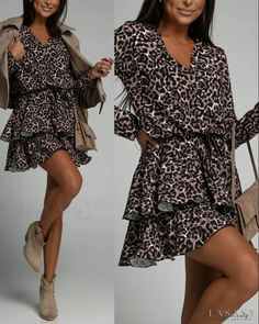 Lasaky - Leopard Print Long Sleeve Belted Layered Dress Sleeveless Leopard Print Dress For Fall, Leopard Print Dress For Day Out In Fall, Leopard Print Dresses For Fall Day Out, Leopard Print Dresses For Day Out In Fall, Leopard Print Dress With Ruffles For Fall, Fall Leopard Print Dress With Ruffles, Layered Dresses, Polka Dots Skirt, Layered Ruffle Dress