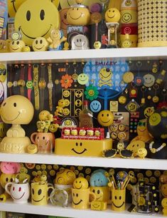 a shelf filled with lots of different types of smiley faces on it's shelves