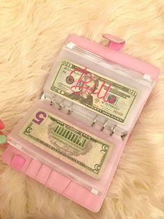 a pink case with money inside sitting on a furry surface