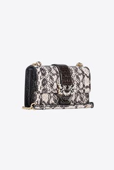 Mini Love Bag One in reptile-print leather with black and white two-tone effect. The glossy, crocodile-print leather strap with slightly raised effect is accompanied by the iconic Love Birds Diamond Cut buckle—in light gold-electroplated metal with black enamel—embellished with opalescent white stones. Inside, it features contrasting lining, a slip pocket and a zipped divider pocket. Complete with a round-link metal chain shoulder strap with an adjustable leather pad. The bag is part of the Limi Luxury Evening Bag With Snake Print, Luxury Snake Print Evening Bag, Luxury Snake Print Shoulder Bag For Evening, Luxury Leather Shoulder Bag With Snake Print, Luxury Leather Snake Print Shoulder Bag, Luxury Rectangular Snake Print Bag, Pinko Bags, Mini Love, White Stones