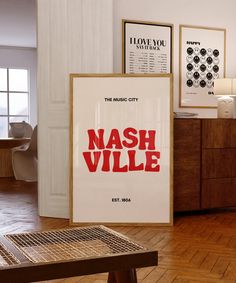 there is a poster on the floor in this room that says mash ville