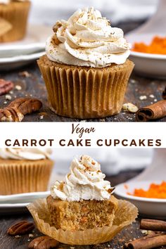 two pictures of carrot cake cupcakes with whipped cream frosting and pecans