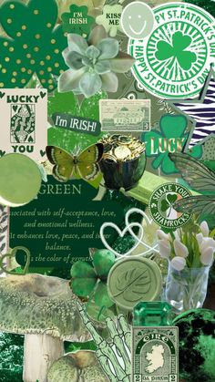 the collage has green and white items on it, including flowers, shamrocks