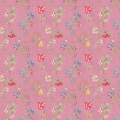 a pink background with small flowers and birds on it's sides, all in different colors