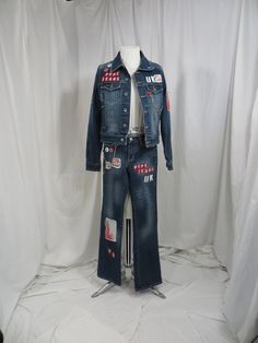 "Wow, what a find! Pepe Jeans has been a leading edge English fashion icon since 1973 - here is a 90's set of jeans and jean jacket. Super small in size pants are size 24 and the jacket says Med - Please go by measurements - listing as an XXS. Condition is excellent, all I could find was one ring missing (see close-up) everything else looks intact. No stains. Wear is intentional distressing. Both pieces are 62% cotton 37% polyester and 1% Spandex. Fabric has a nice soft feel and natural worn in Jean Jacket And Jeans, Poet Shirt, Denim Set, Ruffle Long Sleeve Blouse, English Fashion, Womens Jeans, Fashion Icon, Long Blouse, Spandex Fabric