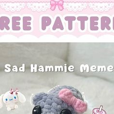 there is a small stuffed animal with a pink bow on it's head and the words free pattern above it