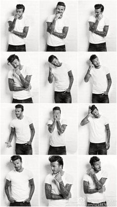 many different poses of a man with his hands on his face