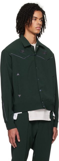 Stretch polyester twill jacket. Piping and logo embroidered throughout. · Spread collar · Press-stud closure · Welt pockets · Dropped shoulders · Two-button barrel cuffs · Darts at back Supplier color: B-green Needles Clothing, Cowboy Jacket, Twill Jacket, Casual Jackets, Casual Jacket, Logo Embroidered, Welt Pockets, Luxury Streetwear, Welt Pocket