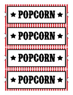 three red and black popcorn labels with stars on the top, one is for popcorn