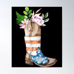 a watercolor painting of a boot with flowers on the inside and an american flag painted on the outside