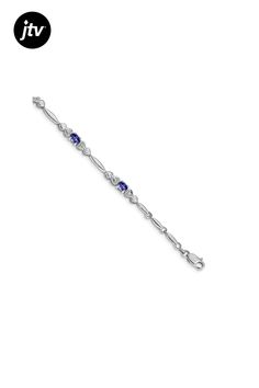 Rhodium over 14k white gold diamond and 1.89 cttw tanzanite bracelet. Measures approximately 3/16 of an inch in width and has a lobster claw closure. Tanzanite Bracelet, White Gold Diamonds, Lobster Claw, Gold Diamond, White Gold, Bracelet, Gold, White