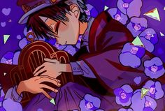 an anime character is kissing another character in front of purple and blue flowers with hearts