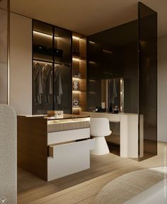 a modern bathroom with an open closet and dressing area