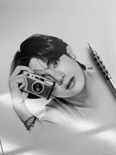 a pencil drawing of a woman holding a camera next to a pen and an object