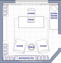 a floor plan for a bedroom with chairs and desks