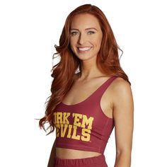 The must have top for all Arizona State Sun Devils! Our super flattering ASU Cropped Tank Top is the perfect top for all occasions. Our top's soft and stretchy material will make you never want to take it off! Pair with your favorite pair of jeans or our Maroon Tailgate Skirt for the cutest outfit! One Size Fits Most. 88% Micropoly, 12% Spandex. Stretchy & soft fabric designed for all day use & long lasting quality. Sublimated Design. Machine wash on cold. Officially Licensed by Lo + Jo Bands. Sports Tops With Built-in Bra, Casual Elastane Crop Top For Yoga, Gym Tops With Built-in Bra, Casual Elastane Crop Top With Medium Support, Casual Sports Tank Top In Elastane, Casual Elastane Sports Tank Top, Sporty Elastane Tops With Medium Support, Sports Tops With Built-in Bra And Elastane, Sporty Tops With Medium Support In Elastane