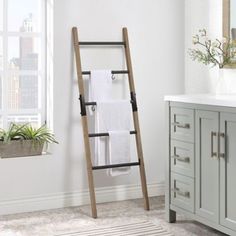 a bathroom with a ladder towel rack in it