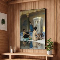 a painting on the wall of a bathroom with two women washing their feet in the water