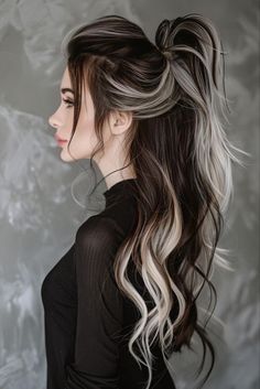 Dark Brown With White Hair, Black Or Blonde Hair, Black Tip Blonde Hair, Black Blonde Brown Hair, Punk Wedding Hairstyles, Blonde Black And Brown Hair, Brunette Hair With Color Underneath, Blonde Hair With Dark Streaks, Long Black Hair With Brown Highlights