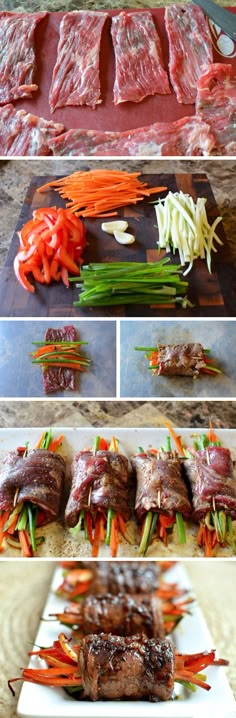 steak and carrots being prepared on a cutting board with the words balsami glazed steak