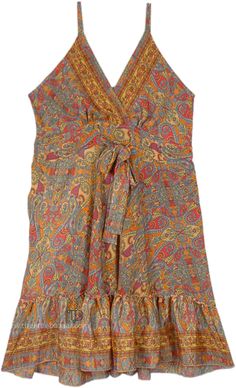 A spaghetti tie strap dress that effortlessly combines nature`s elegance and charm in it`s pink and yellow princess paisley print. This dress features a flowy silhouette, a smocking elastic at the back, that gracefully drapes around the body, creating a sense of movement and sensual grace. #tlb #vacationclothing #beachwrap #Printed #bohemianfashion #BohoDress #RetroDress Flowy V-neck Sundress With Tie Straps, Beachwear Sleeveless Sundress With Tie Back, Boho Print Sleeveless Sundress For Spring, Beachwear Dresses With Spaghetti Tie Straps, Beachwear Dress With Tie Straps And Sleeveless Design, Summer Sundress With Spaghetti Straps And Boho Print, Sleeveless Boho Print Dress For Spring, Sleeveless Dresses With Boho Print For Spring, Summer Sundress With Boho Print And Spaghetti Straps