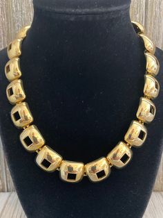 "Amazing ANNE KLEIN Modern Gold Statement Collar necklace Circa 1980's-90's Excellent condition Signed Anne Klein Very nice quality and weight Gold finish Modern Look Statement making necklace Toggle closure 17\" overall length, .8\" wide" Gold-tone Costume Jewelry Necklaces For Evening, Gold Retro Necklace For Evening, Retro Metal Necklace For Evening, Retro Gold Metal Necklace, Retro Gold Choker Necklace, Retro Gold-tone Metal Necklace, Retro Formal Jewelry With Chain Detail, Retro Formal Chain Necklace, Retro Chain Necklace For Formal Occasions