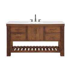 a bathroom vanity with two sinks and wooden shelves on the side, against a white background