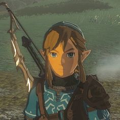 the legend of zelda is holding a bow and arrow in front of an empty field