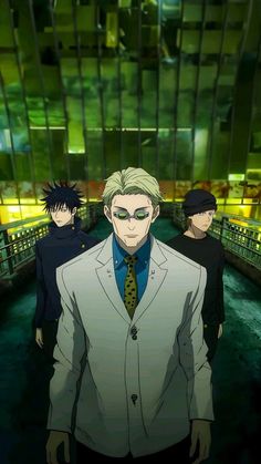 an anime scene with two men in suits and one is wearing a green eye patch