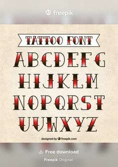 the font and numbers for tattoo font are shown in red, black, and white