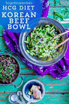 an image of korean beef bowl with chopsticks and vegetables on the side in bowls