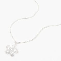 Claire's Silver Cubic Zirconia Flower Pendant Necklace Silver Crystal Flower Pendant Jewelry, Silver Crystal Necklace With Flower Pendant, White Crystal Necklace With Flower Pendant, White Crystal Flower Pendant Necklace, White Cubic Zirconia Flower-shaped Necklaces, White Cubic Zirconia Necklaces With Flower Shape, White Cubic Zirconia Necklace In Flower Shape, White Cubic Zirconia Floral Necklace, White Cubic Zirconia Flower Necklace