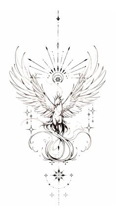 an artistic drawing of a bird with wings and stars on it's back side