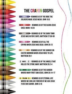 the crayon gospel poster is shown with different colored crayons