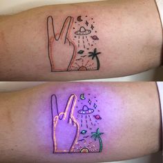 two tattoos that have different designs on their arms and legs, one with a peace sign