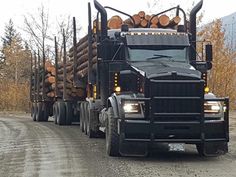 a large semi truck hauling logs down a dirt road