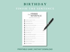 a printable birthday wish card with the words, finish the sentence and a pen