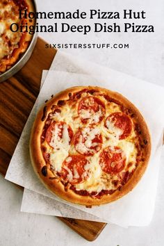 the homemade pizza hut original deep dish pizza is ready to be eaten and served for lunch